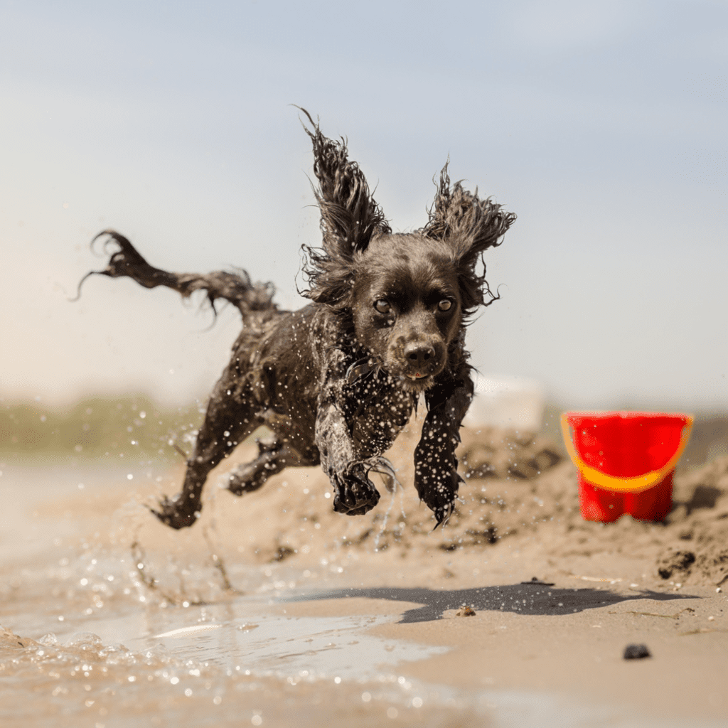 Cocker spaniel doing crazy running on the beach