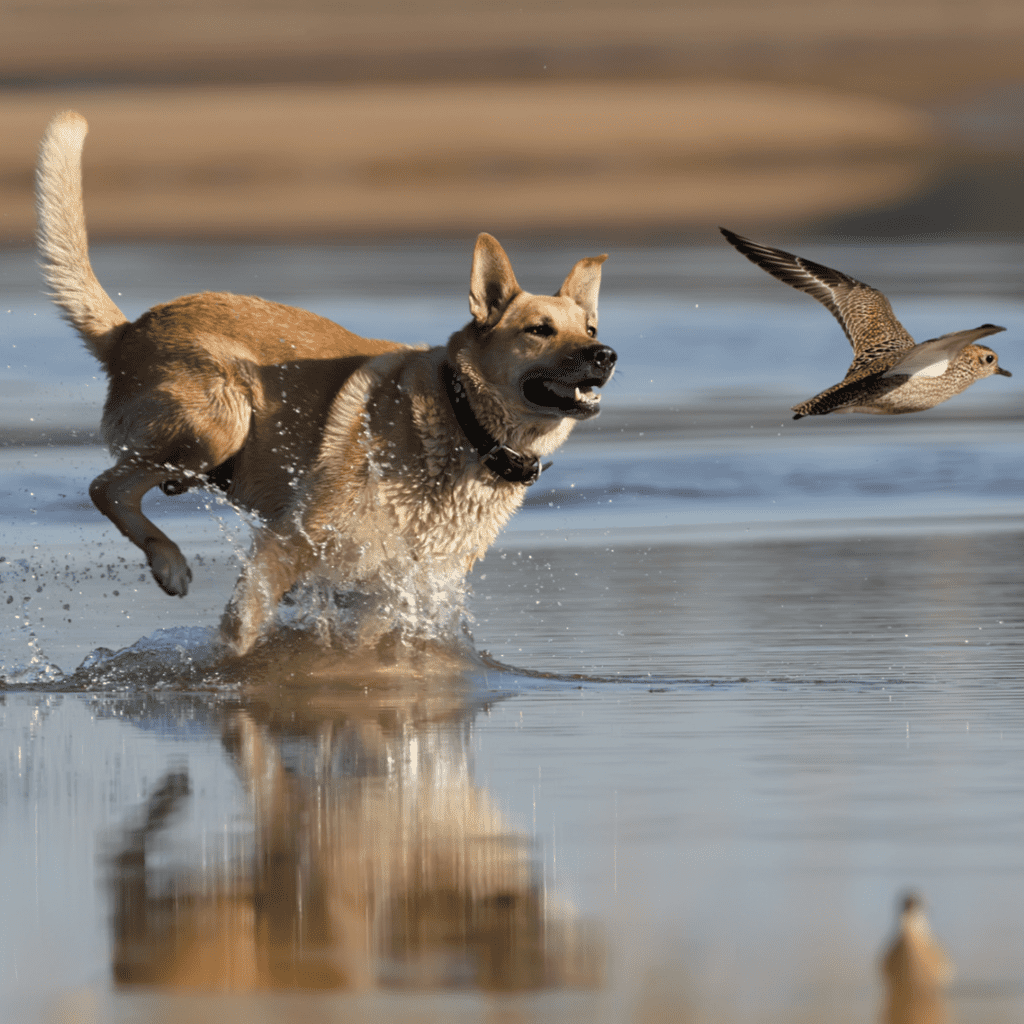 Dog chasing bird on the beach